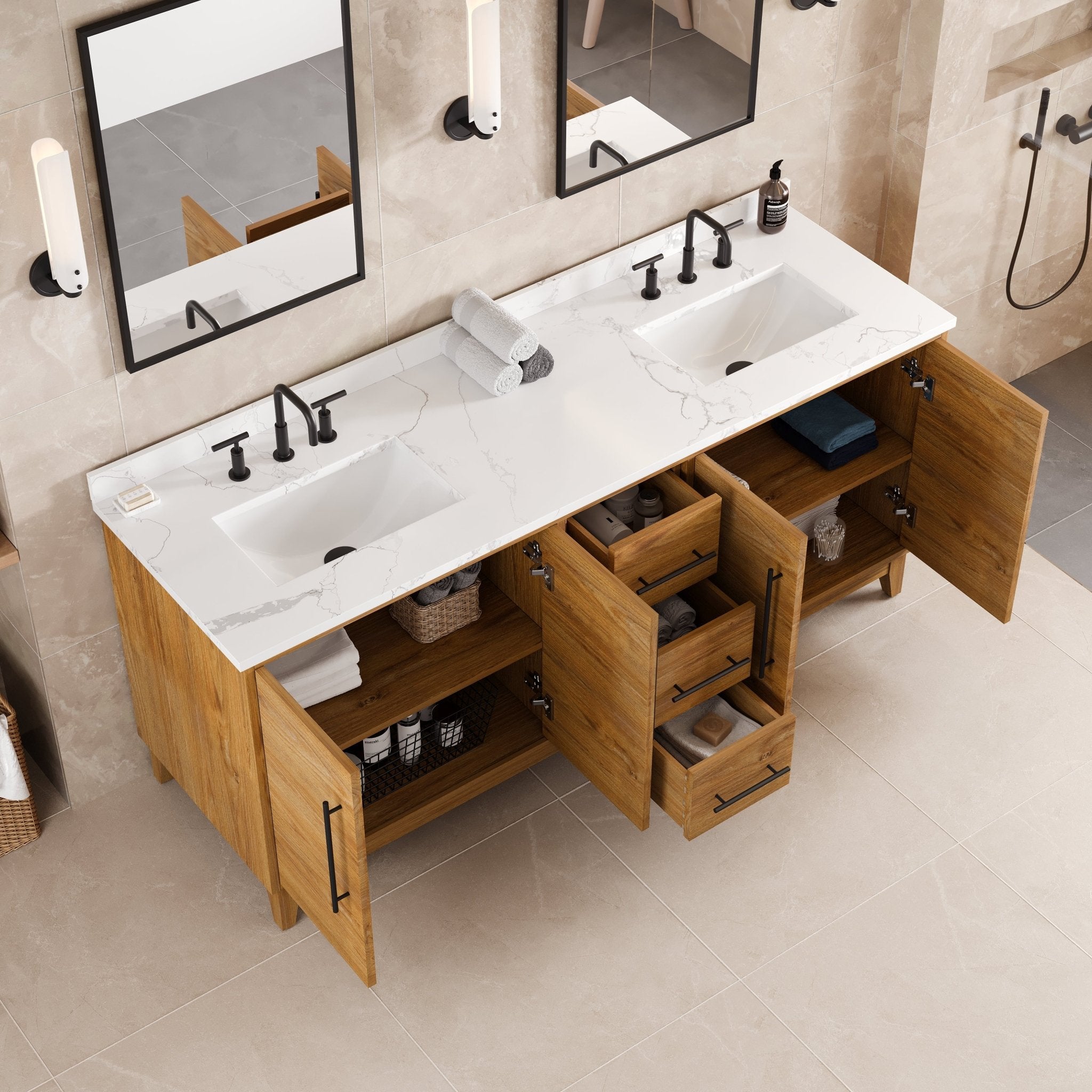 Graham 72 in. Oak Double Sink Bath Vanity with Arabescato Engineered Stone Top and Undermount Porcelain Sinks - Bathroom Vanity by Eviva