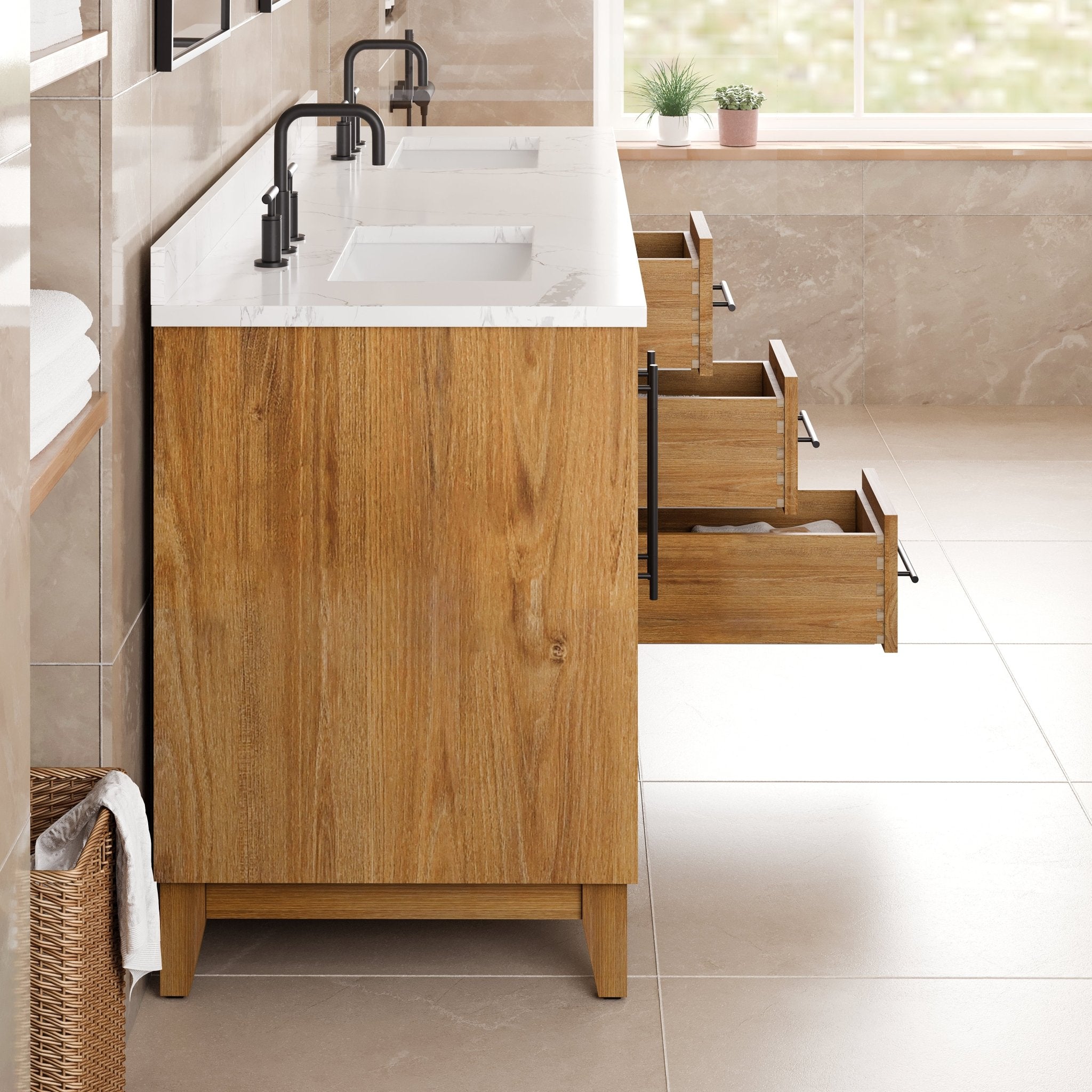 Graham 72 in. Oak Double Sink Bath Vanity with Arabescato Engineered Stone Top and Undermount Porcelain Sinks - Bathroom Vanity by Eviva