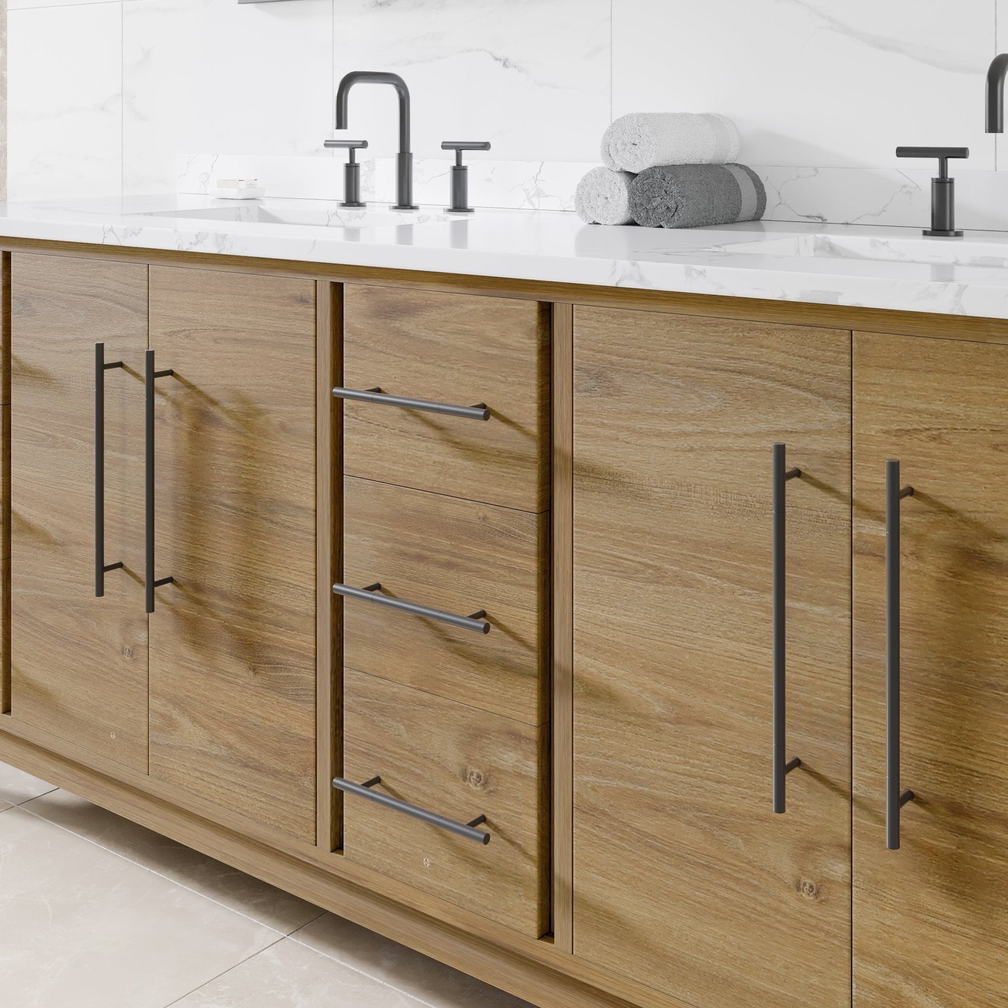 Graham 84 in. Oak Double Sink Bath Vanity with Arabescato Engineered Stone Top and Undermount Porcelain Sinks - Bathroom Vanity by Eviva