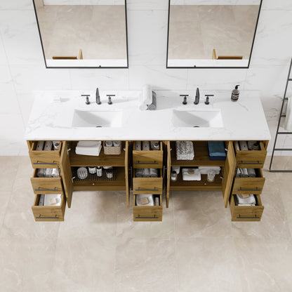 Graham 84 in. Oak Double Sink Bath Vanity with Arabescato Engineered Stone Top and Undermount Porcelain Sinks - Bathroom Vanity by Eviva
