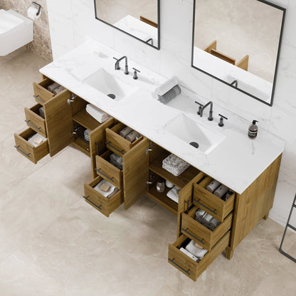 Graham 84 in. Oak Double Sink Bath Vanity with Arabescato Engineered Stone Top and Undermount Porcelain Sinks - Bathroom Vanity by Eviva