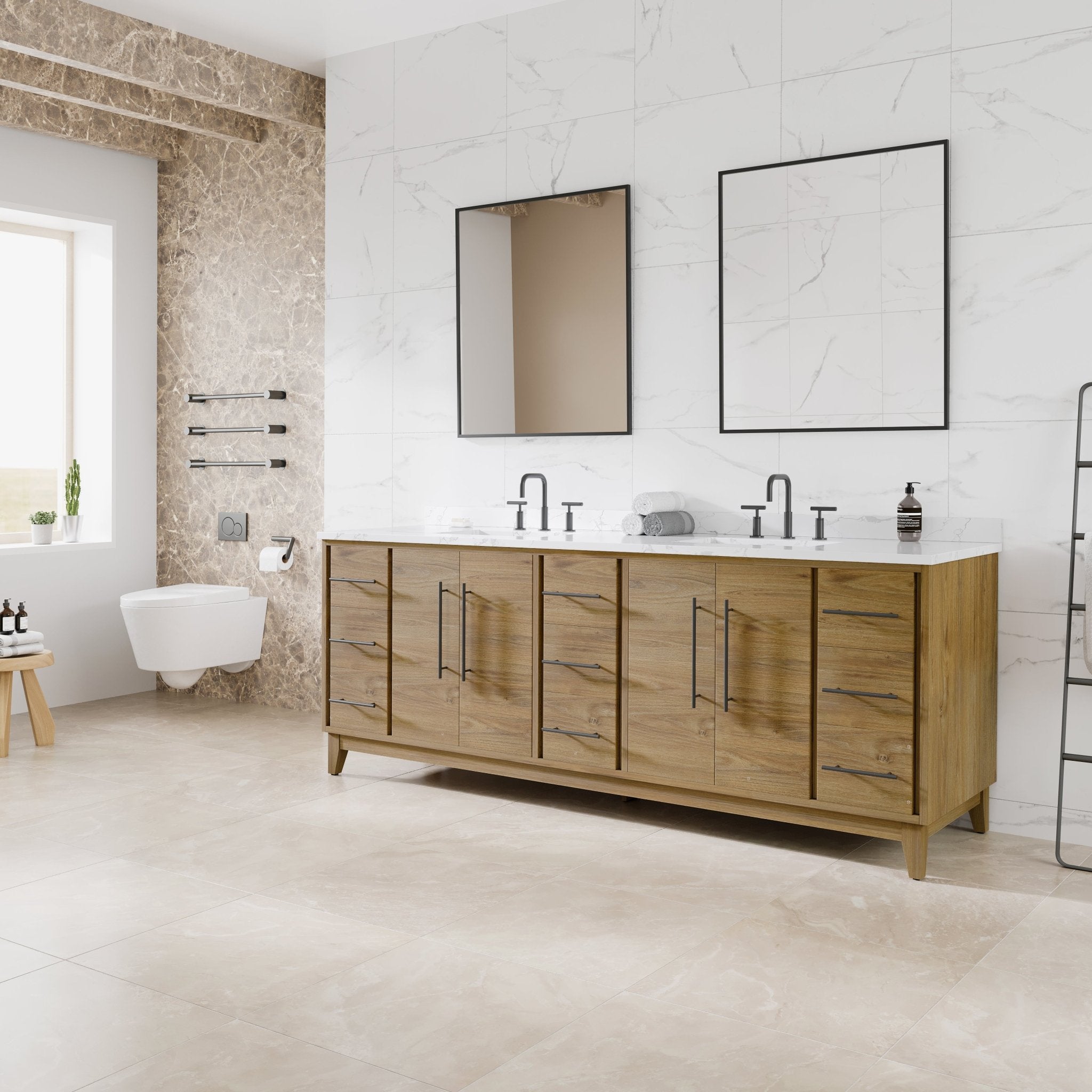 Graham 84 in. Oak Double Sink Bath Vanity with Arabescato Engineered Stone Top and Undermount Porcelain Sinks - Bathroom Vanity by Eviva
