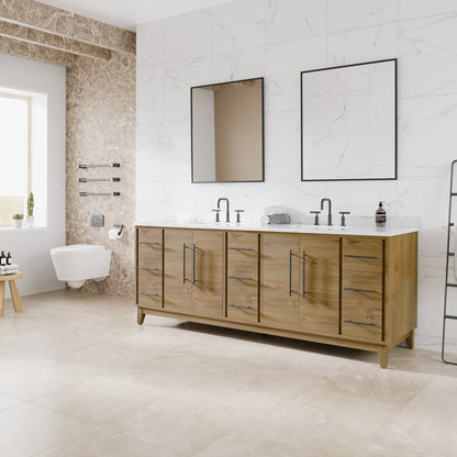 Graham 84 in. Oak Double Sink Bath Vanity with Arabescato Engineered Stone Top and Undermount Porcelain Sinks - Bathroom Vanity by Eviva