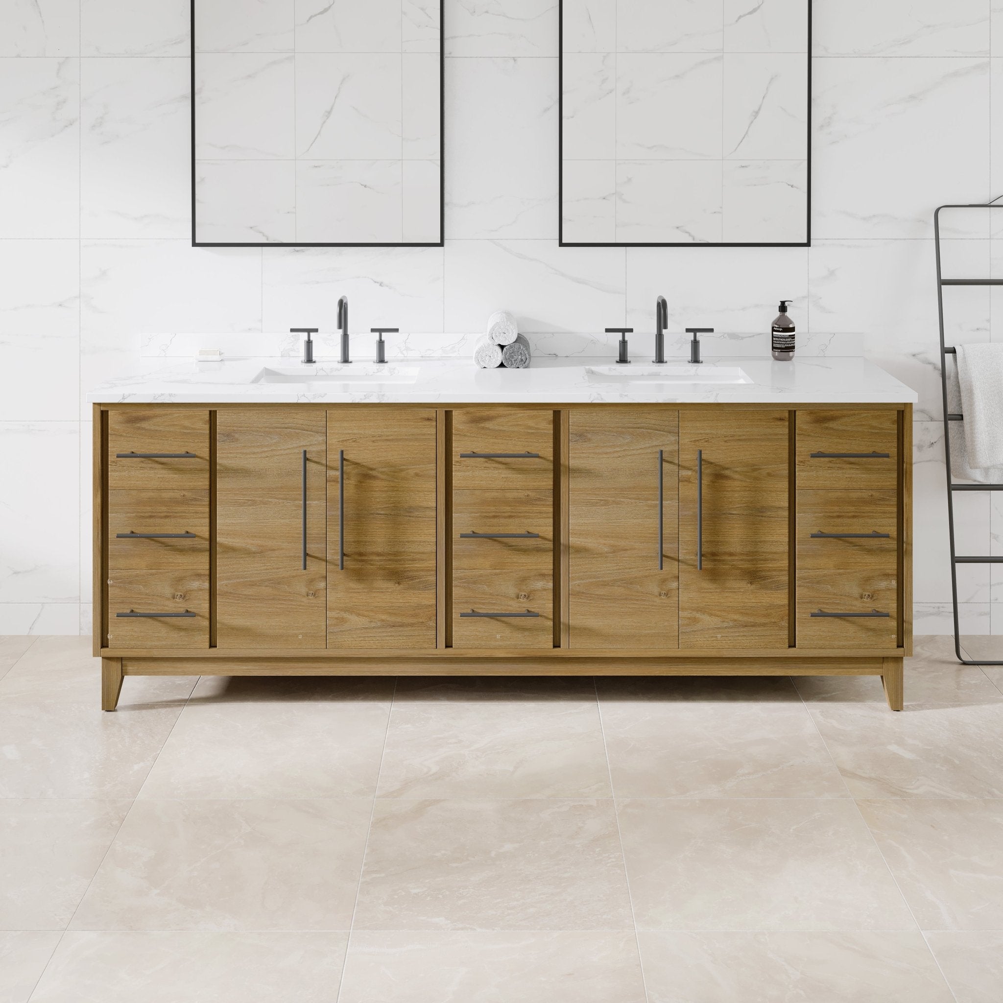 Graham 84 in. Oak Double Sink Bath Vanity with Arabescato Engineered Stone Top and Undermount Porcelain Sinks - Bathroom Vanity by Eviva