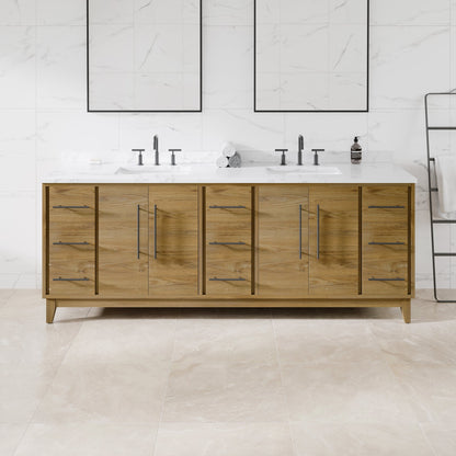 Graham 84 in. Oak Double Sink Bath Vanity with Arabescato Engineered Stone Top and Undermount Porcelain Sinks - Bathroom Vanity by Eviva