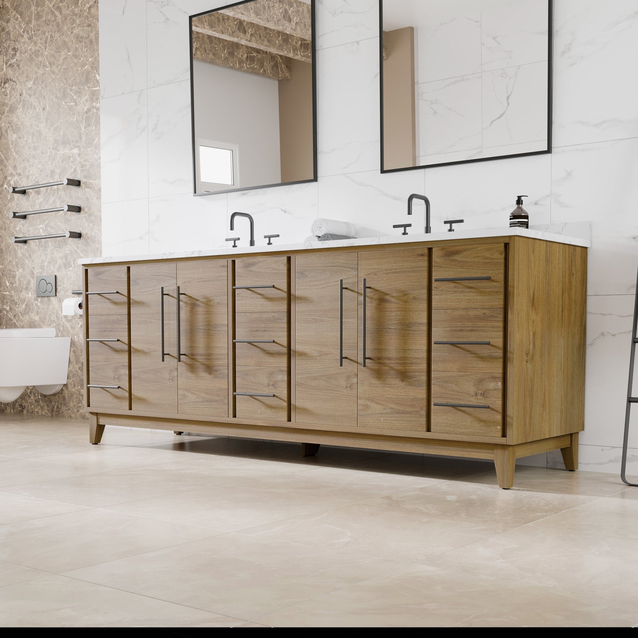 Graham 84 in. Oak Double Sink Bath Vanity with Arabescato Engineered Stone Top and Undermount Porcelain Sinks - Bathroom Vanity by Eviva