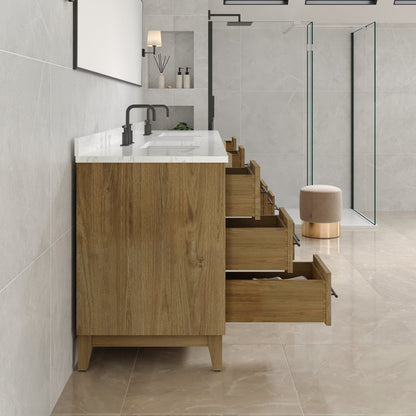 Graham 96 in. Oak Double Sink Bath Vanity with Arabescato Engineered Stone Top and Undermount Porcelain Sinks - Bathroom Vanity by Eviva