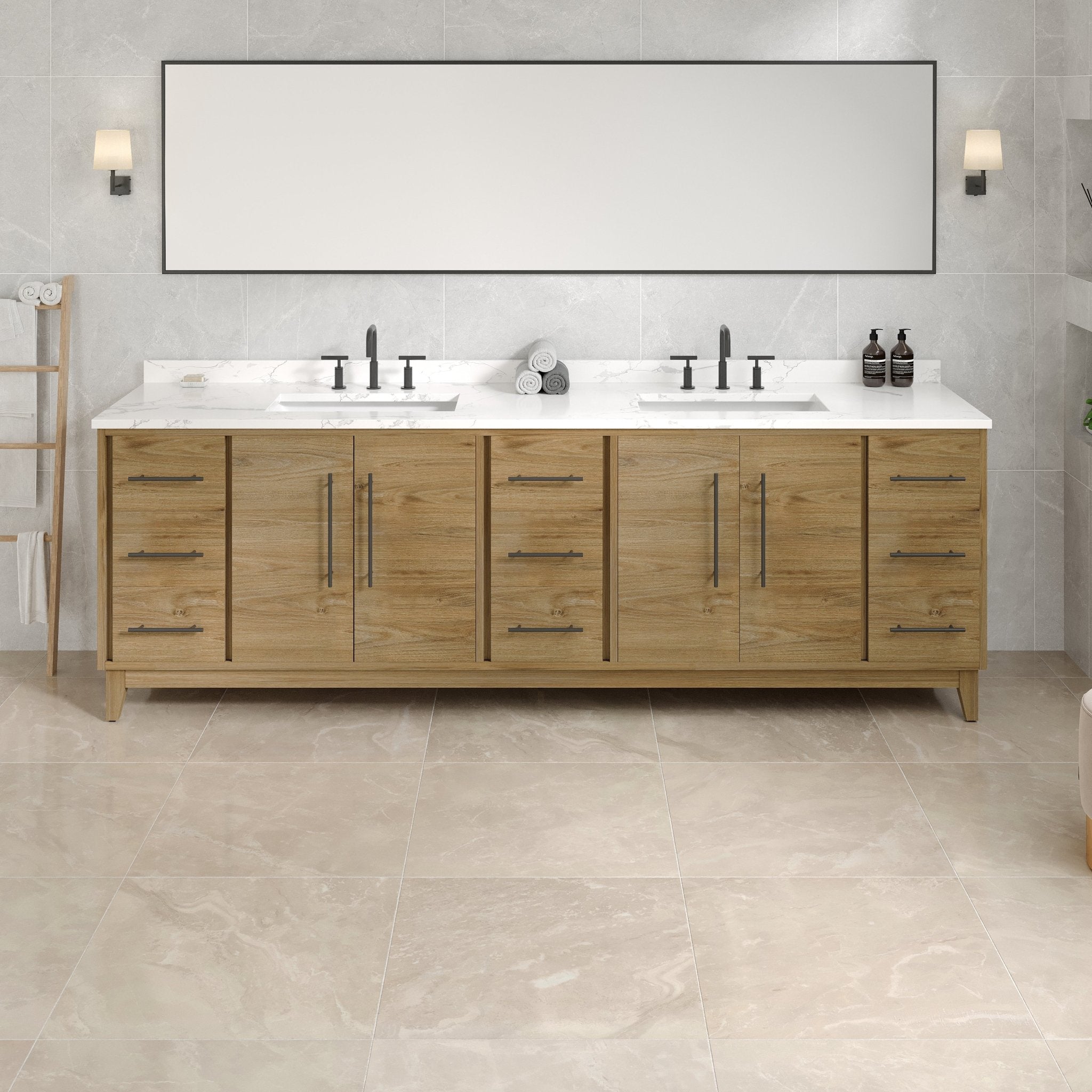 Graham 96 in. Oak Double Sink Bath Vanity with Arabescato Engineered Stone Top and Undermount Porcelain Sinks - Bathroom Vanity by Eviva