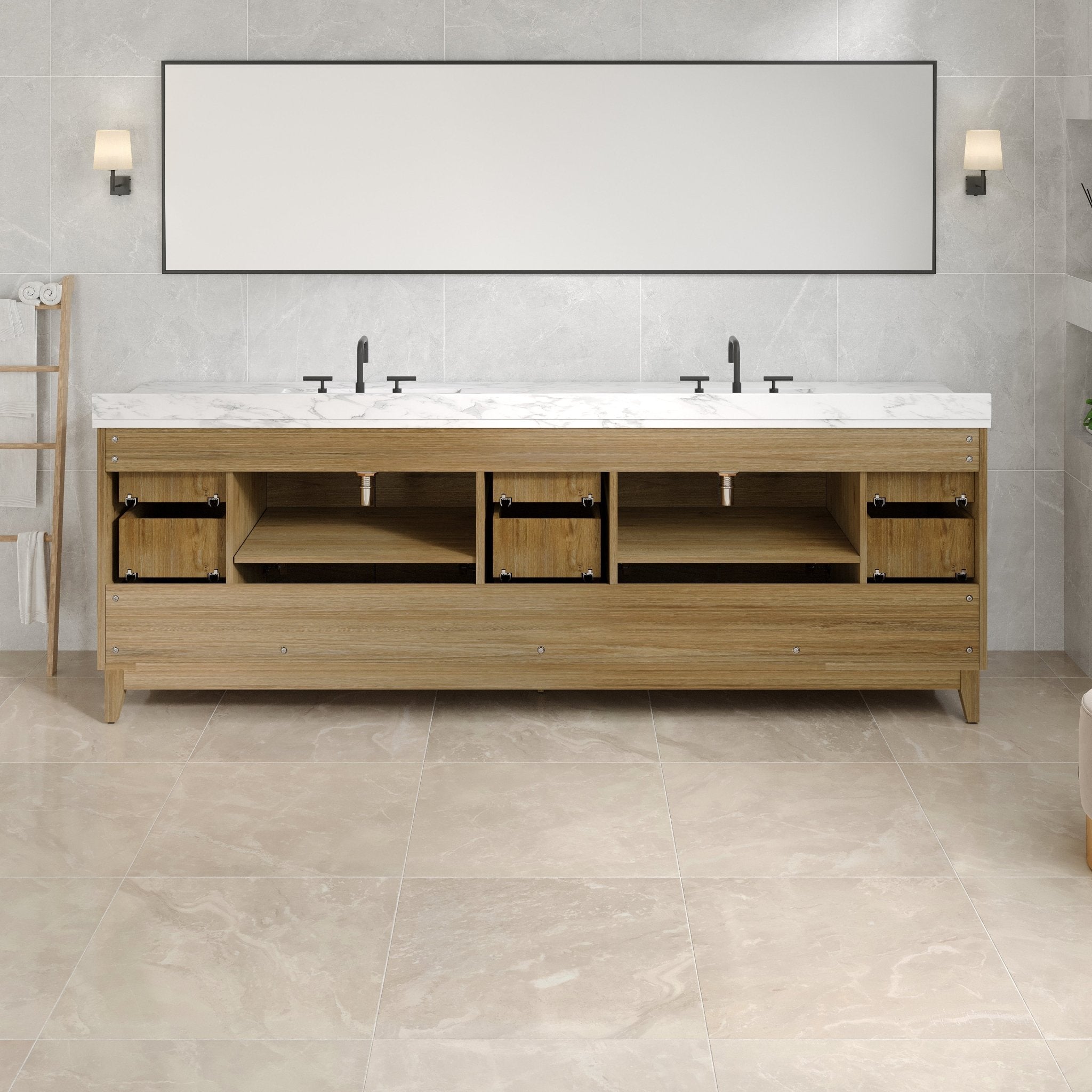 Graham 96 in. Oak Double Sink Bath Vanity with Arabescato Engineered Stone Top and Undermount Porcelain Sinks - Bathroom Vanity by Eviva