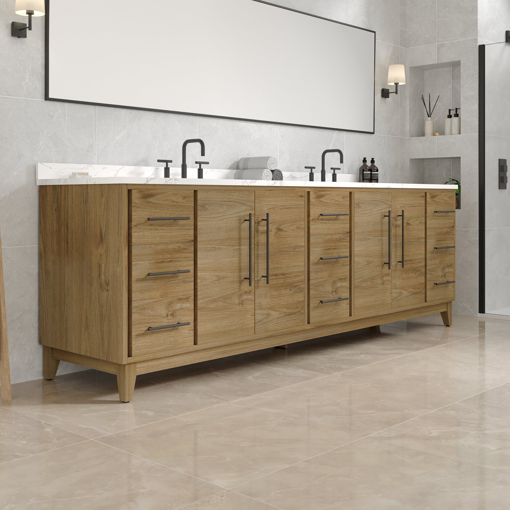 Graham 96 in. Oak Double Sink Bath Vanity with Arabescato Engineered Stone Top and Undermount Porcelain Sinks - Bathroom Vanity by Eviva