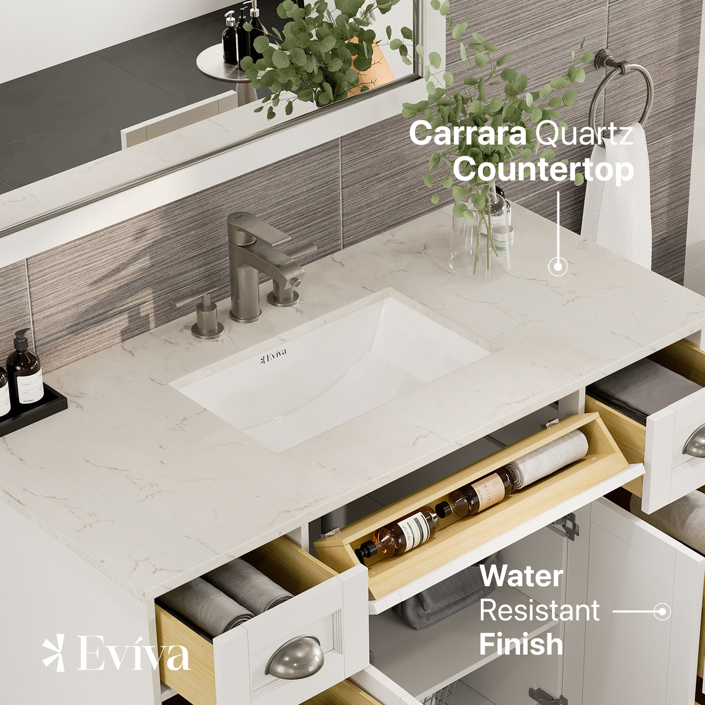 Epic 48"W x 22"D White Bathroom Vanity with White Carrara Quartz Countertop and Undermount Porcelain Sink