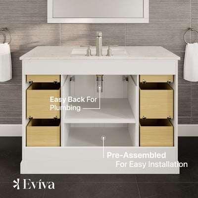 Epic 48"W x 22"D White Bathroom Vanity with White Carrara Quartz Countertop and Undermount Porcelain Sink