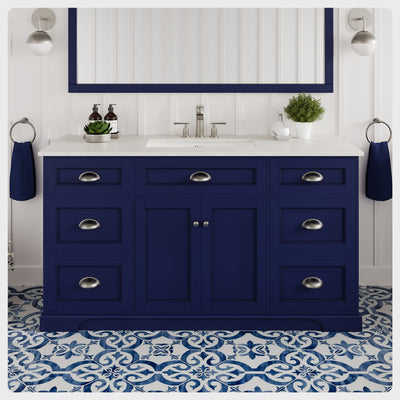 Epic 60"W x 22"D Blue Bathroom Vanity with White Carrara Quartz Countertop and Undermount Porcelain Sink