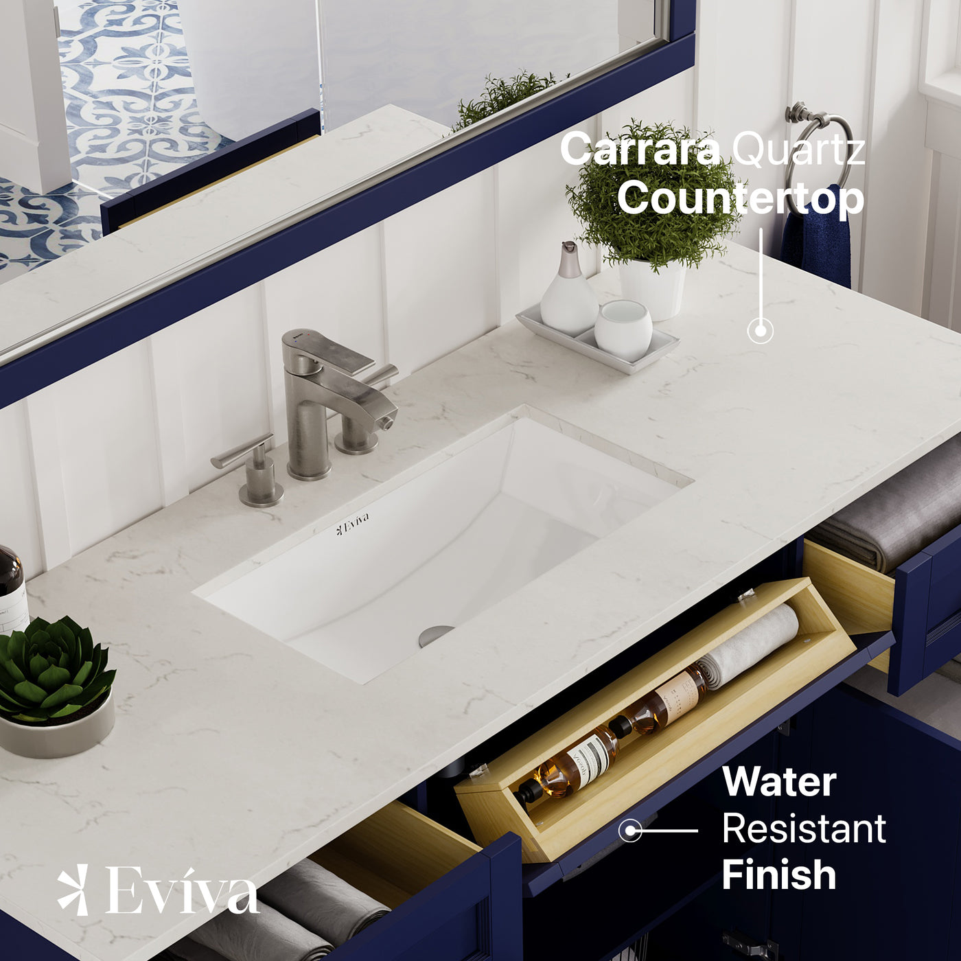 Epic 60"W x 22"D Blue Bathroom Vanity with White Carrara Quartz Countertop and Undermount Porcelain Sink