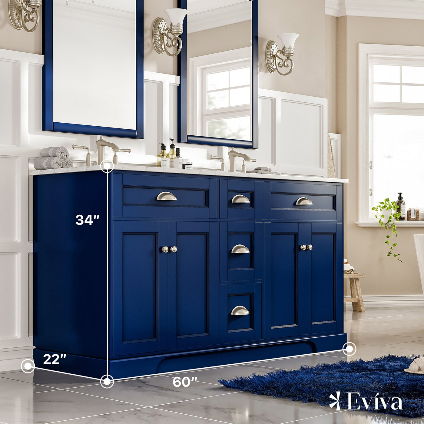 Epic 60"W x 22"D Blue Double Sink Bathroom Vanity with White Carrara Quartz Countertop and Undermount Porcelain Sinks