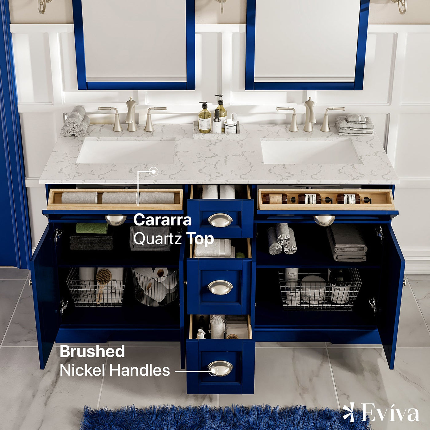 Epic 60"W x 22"D Blue Double Sink Bathroom Vanity with White Carrara Quartz Countertop and Undermount Porcelain Sinks