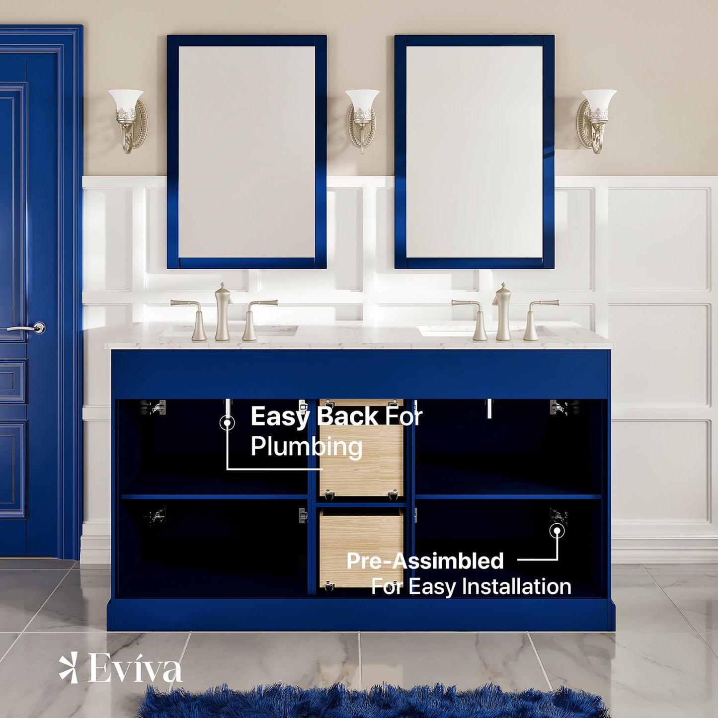 Epic 60"W x 22"D Blue Double Sink Bathroom Vanity with Carrara Quartz Countertop and Undermount Porcelain Sink