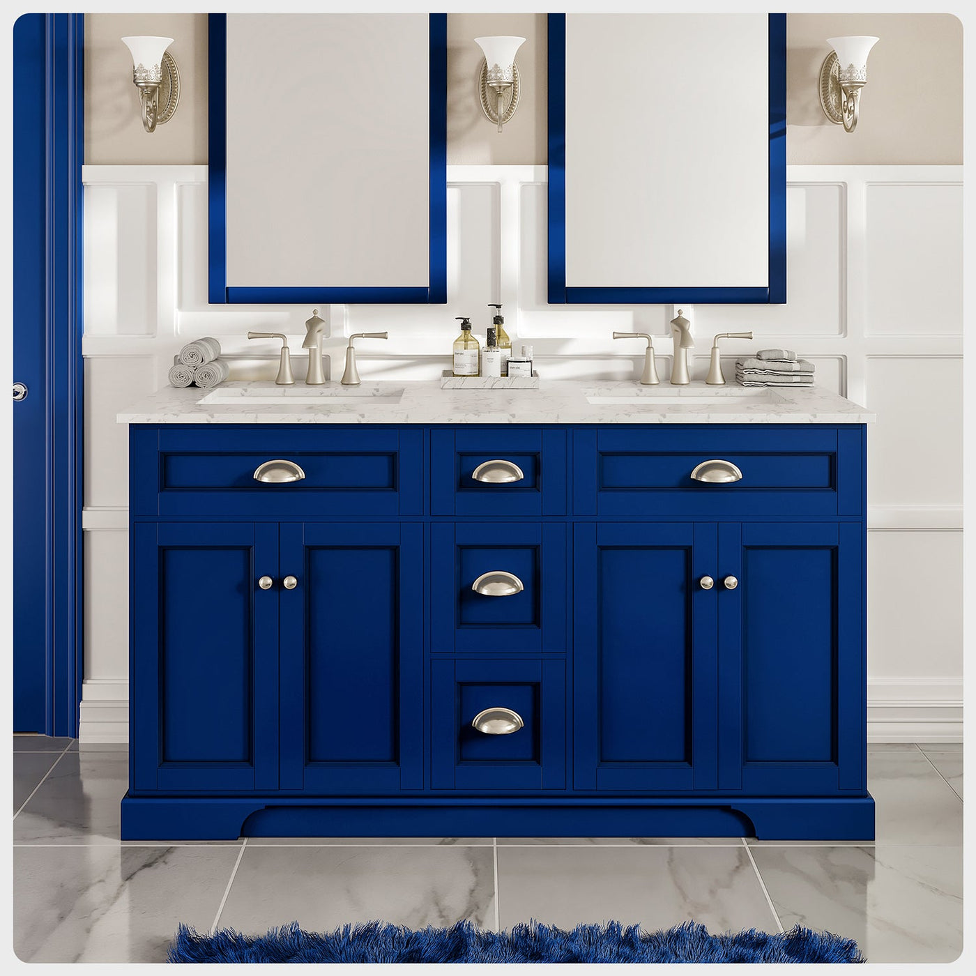 Epic 60"W x 22"D Blue Double Sink Bathroom Vanity with White Carrara Quartz Countertop and Undermount Porcelain Sinks