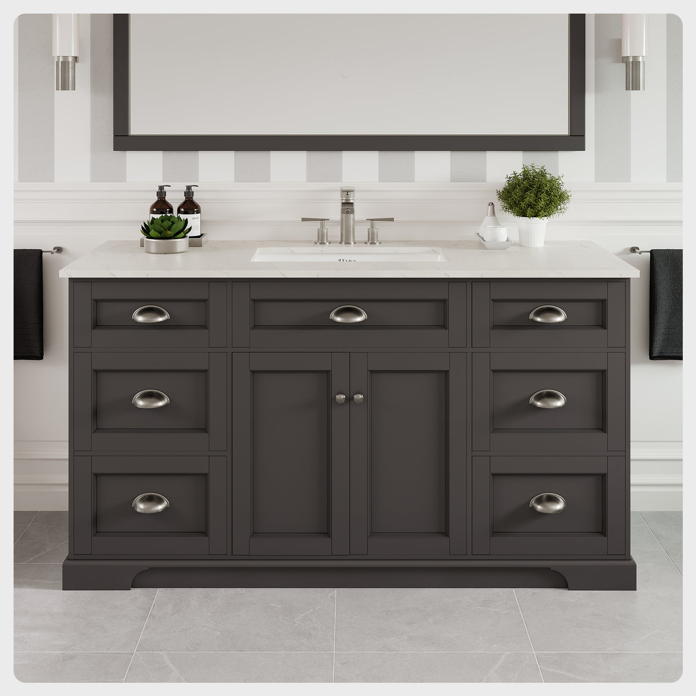 Epic 60"W x 22"D Charcoal Gray Bathroom Vanity with White Carrara Quartz Countertop and Undermount Porcelain Sink