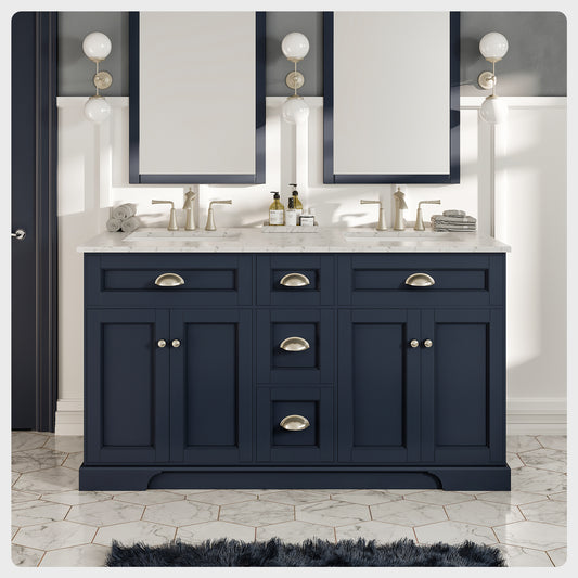 Epic 60"W x 22"D Charcoal Gray Double Sink Bathroom Vanity with Carrara Quartz Countertop and Undermount Porcelain Sink