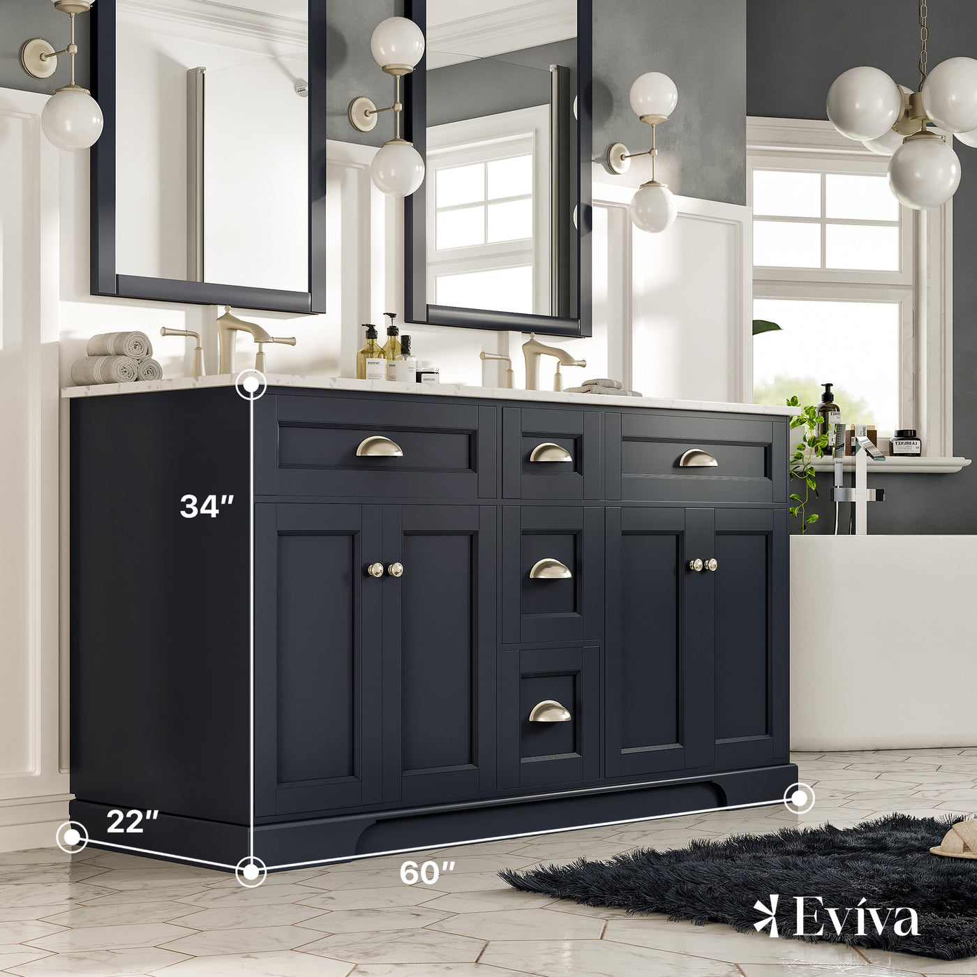 Epic 60"W x 22"D Charcoal Gray Double Sink Bathroom Vanity with White Carrara Quartz Countertop and Undermount Porcelain Sinks