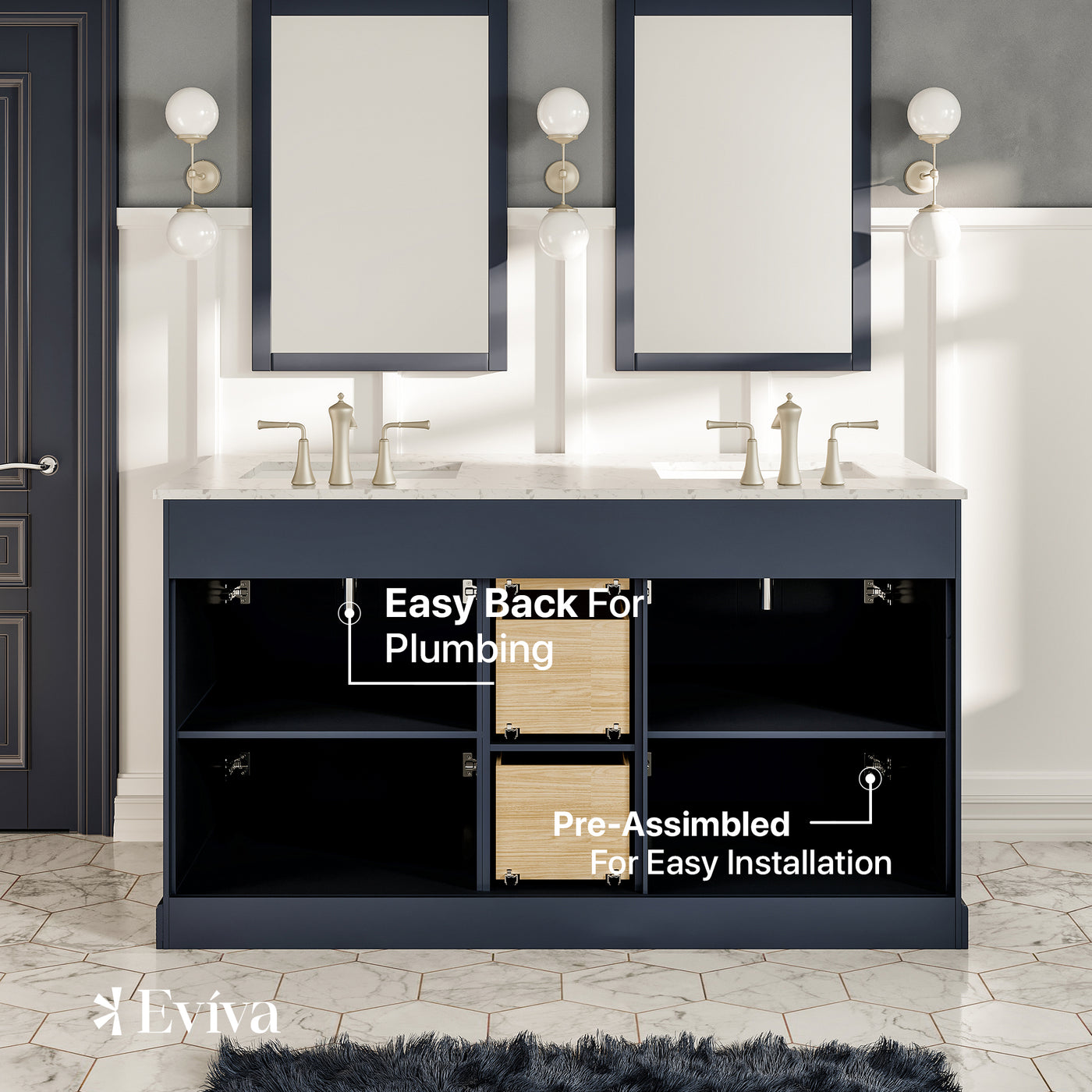 Epic 60"W x 22"D Charcoal Gray Double Sink Bathroom Vanity with White Carrara Quartz Countertop and Undermount Porcelain Sinks