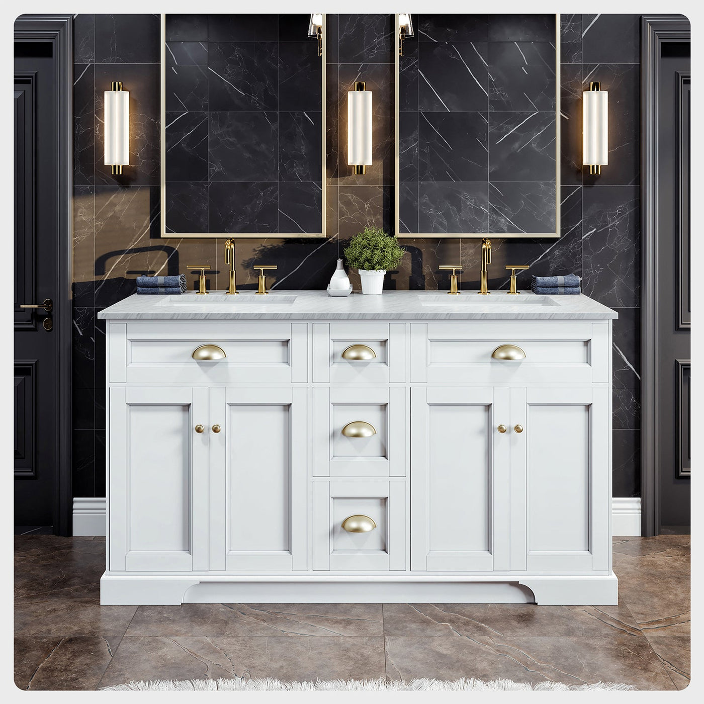 Epic 60"W x 22"D White Double Sink Bathroom Vanity with White Carrara Quartz Countertop and Undermount Porcelain Sinks