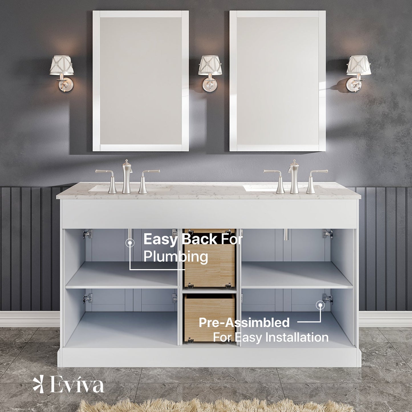 Eviva Epic 60 Inch Transitional Modern White Bathroom Vanity