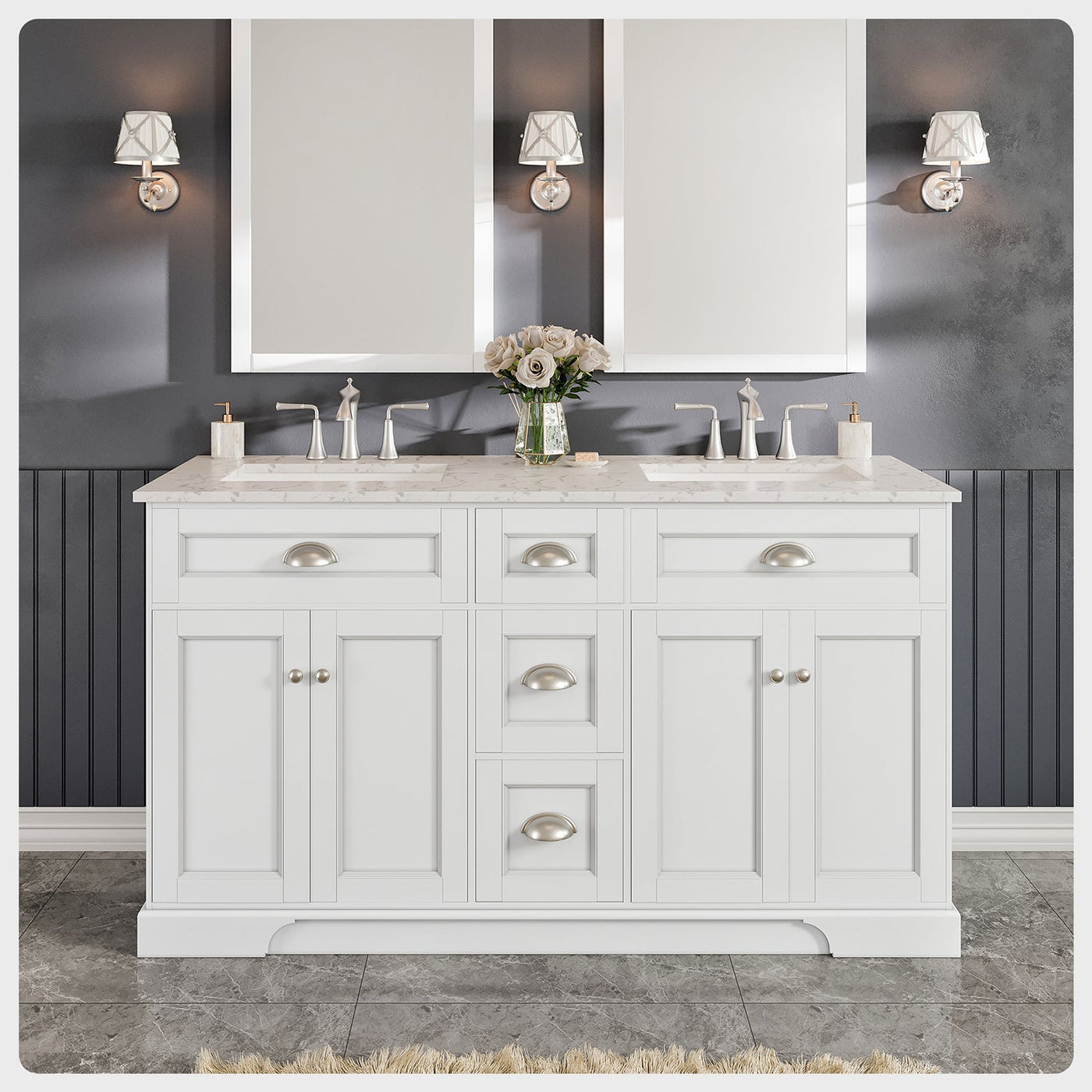 Epic 60"W x 22"D White Double Sink Bathroom Vanity with White Carrara Quartz Countertop and Undermount Porcelain Sinks