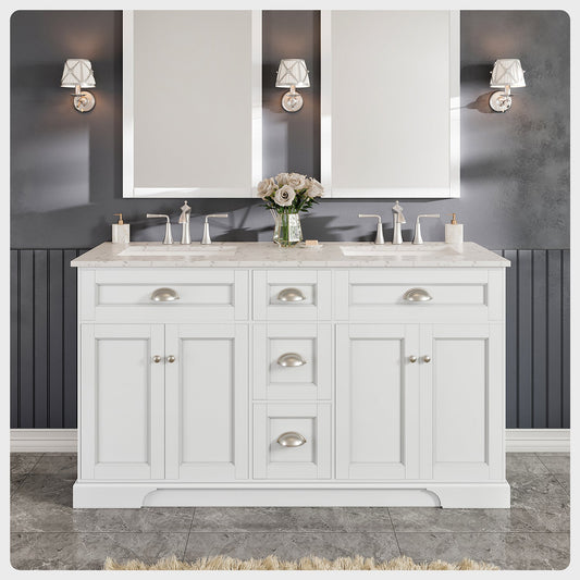 Epic 60"W x 22"D White Double Sink Bathroom Vanity with Carrara Quartz Countertop and Undermount Porcelain Sink