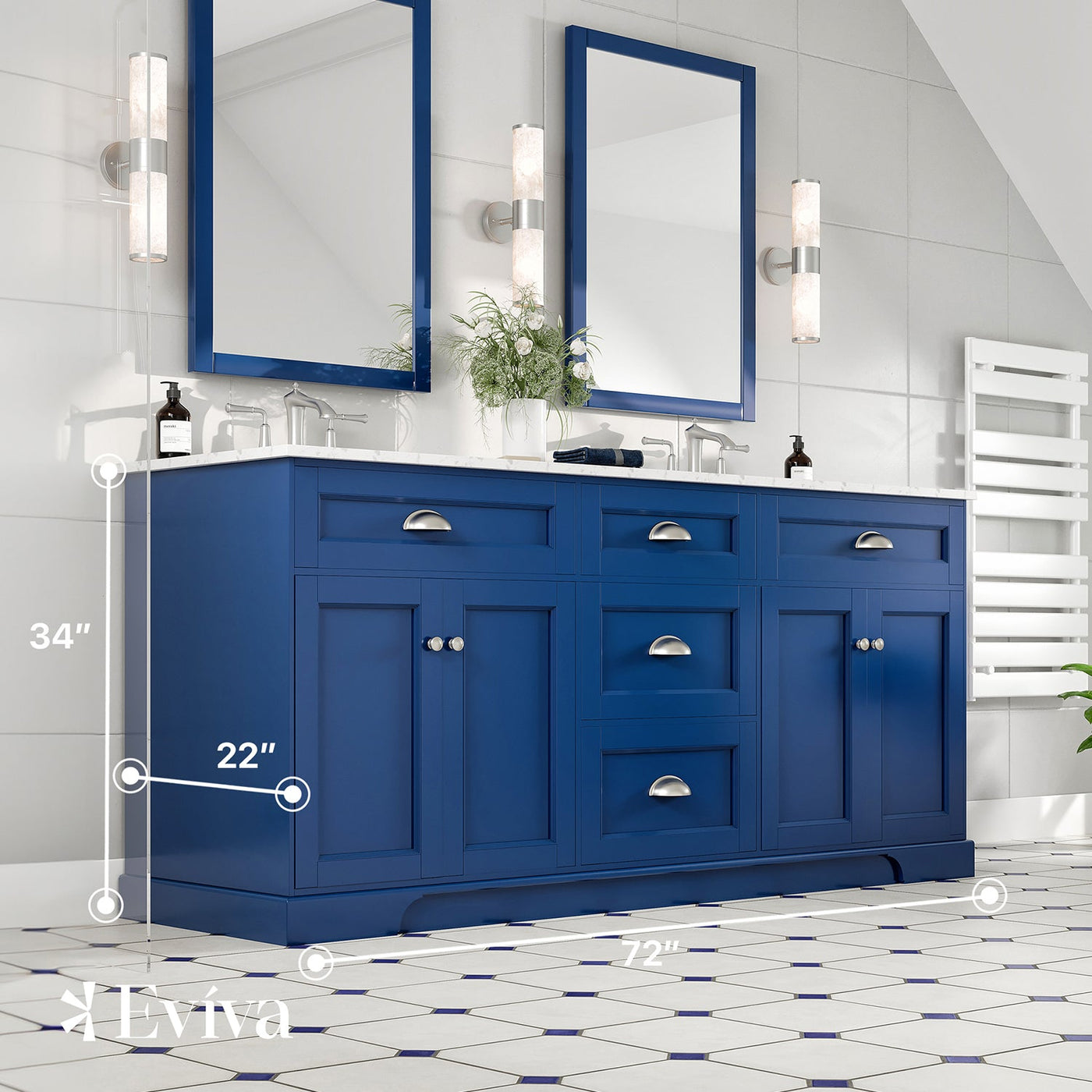 Epic 72"W x 22"D Blue Double Sink Bathroom Vanity with White Carrara Quartz Countertop and Undermount Porcelain Sinks