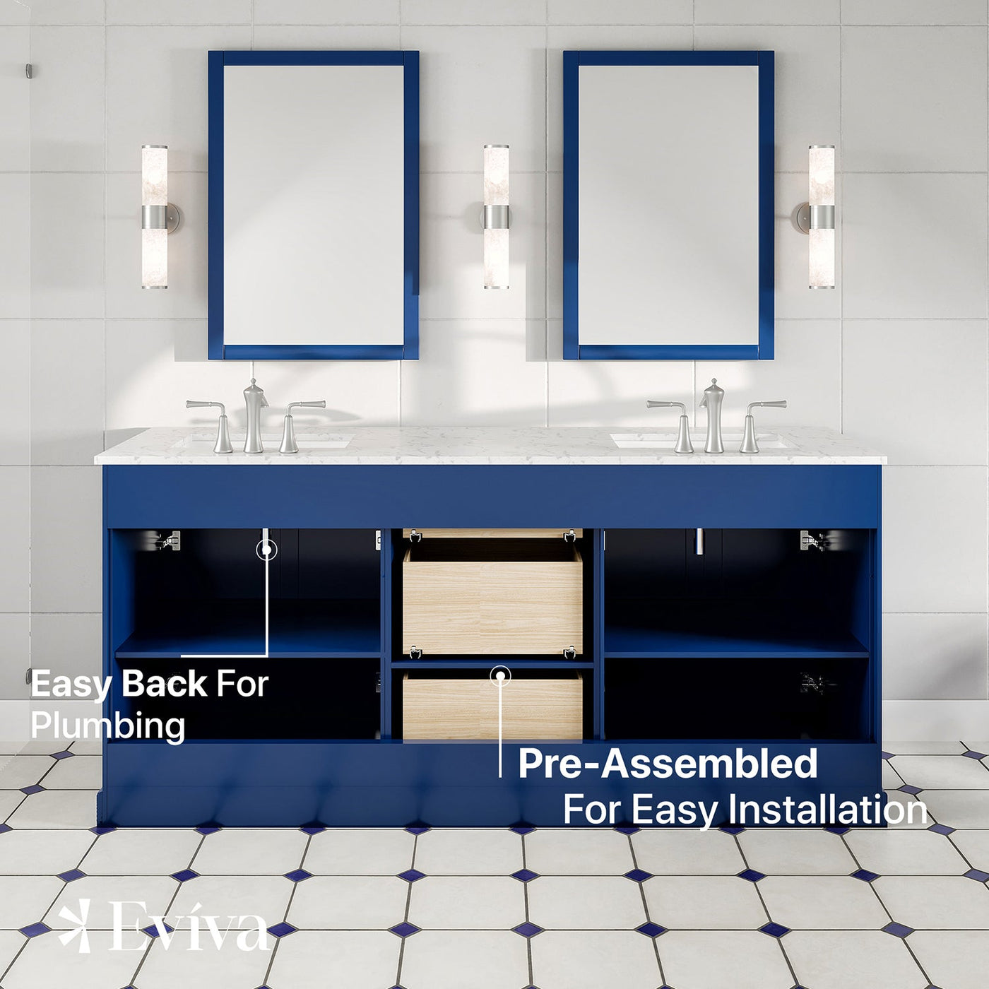 Epic 72"W x 22"D Blue Double Sink Bathroom Vanity with White Carrara Quartz Countertop and Undermount Porcelain Sinks