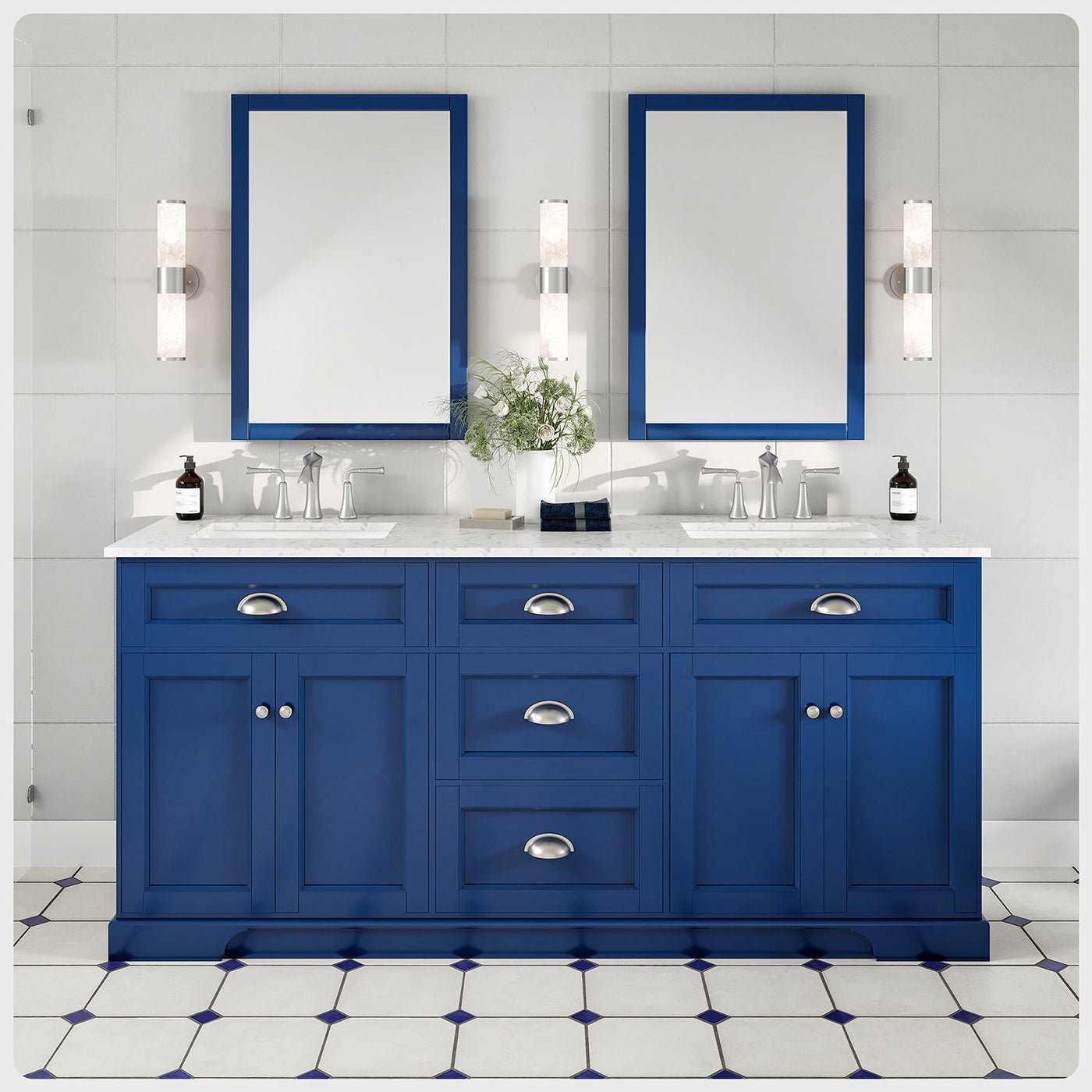 Epic 72"W x 22"D Blue Double Sink Bathroom Vanity with White Carrara Quartz Countertop and Undermount Porcelain Sinks