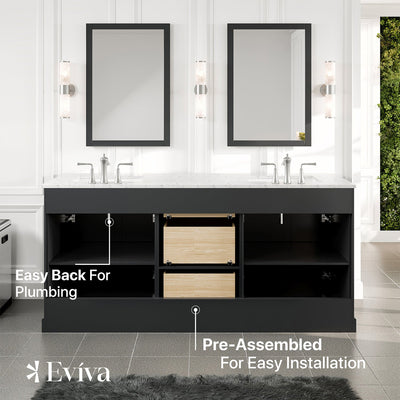 Epic 72"W x 22"D Charcoal Gray Double Sink Bathroom Vanity with White Carrara Quartz Countertop and Undermount Porcelain Sinks