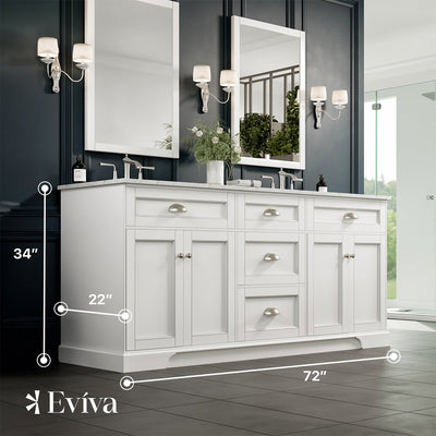 Epic 72"W x 22"D White Double Sink Bathroom Vanity with White Carrara Quartz Countertop and Undermount Porcelain Sinks