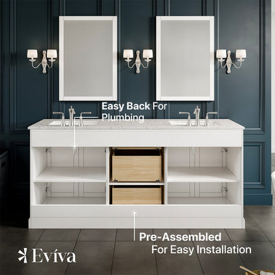 Epic 72"W x 22"D White Double Sink Bathroom Vanity with White Carrara Quartz Countertop and Undermount Porcelain Sinks