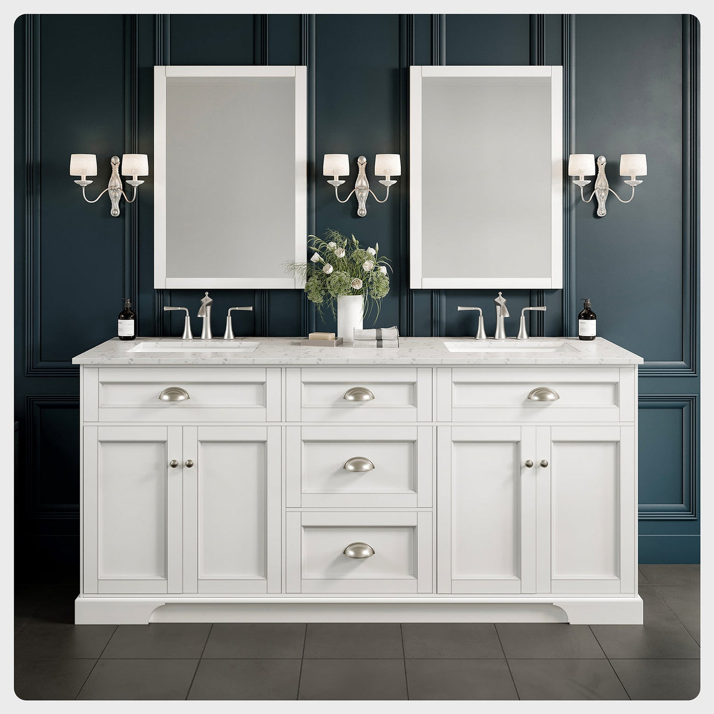 Epic 72"W x 22"D White Double Sink Bathroom Vanity with White Carrara Quartz Countertop and Undermount Porcelain Sinks