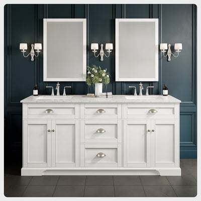 Epic 72"W x 22"D White Double Sink Bathroom Vanity with White Carrara Quartz Countertop and Undermount Porcelain Sinks