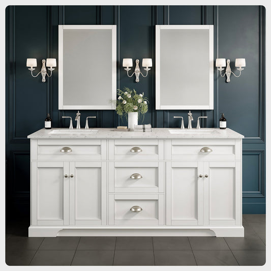 Epic 72"W x 22"D White Double Sink Bathroom Vanity with Carrara Quartz Countertop and Undermount Porcelain Sink