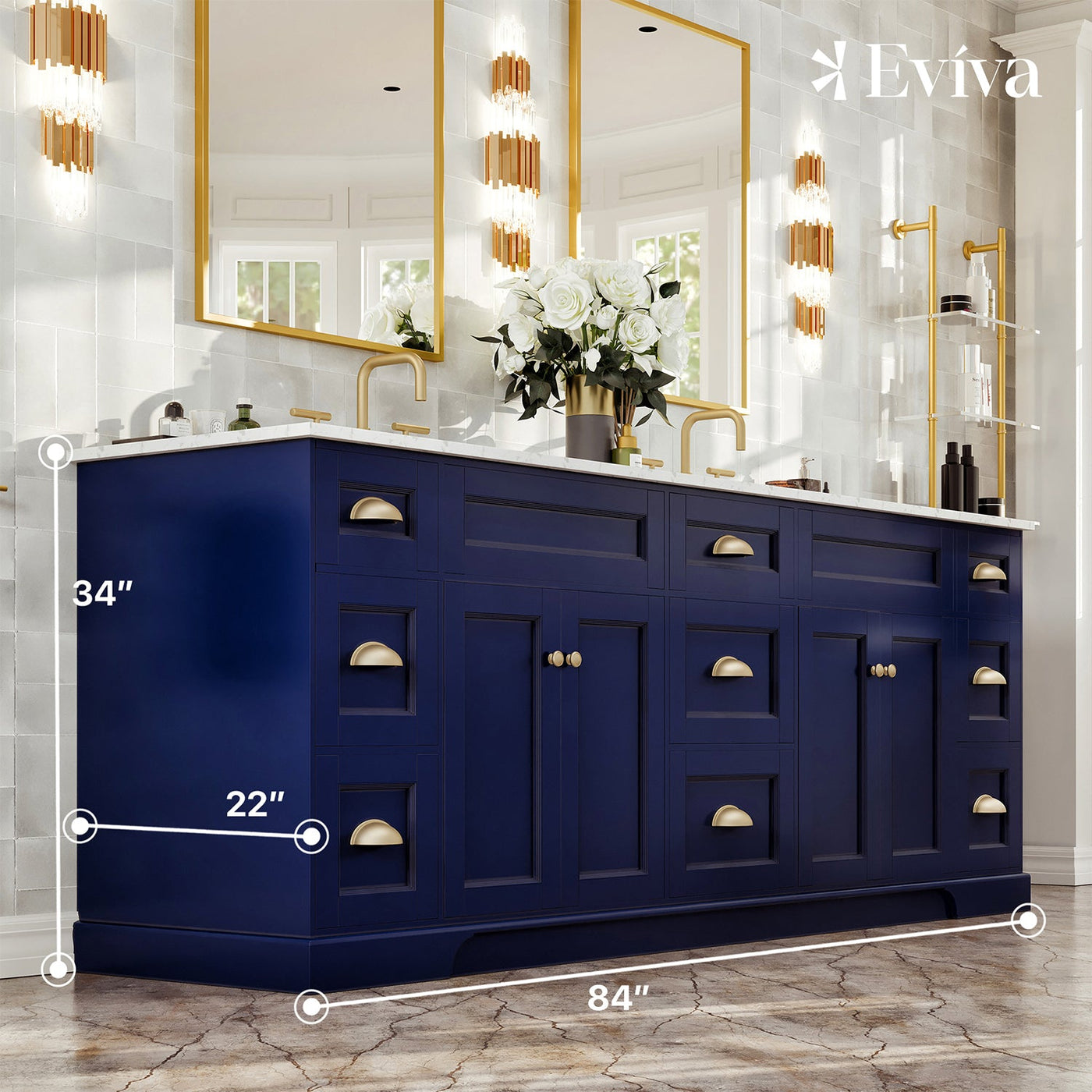 Epic 84"W x 22"D Blue Double Sink Bathroom Vanity with White Carrara Quartz Countertop and Undermount Porcelain Sinks