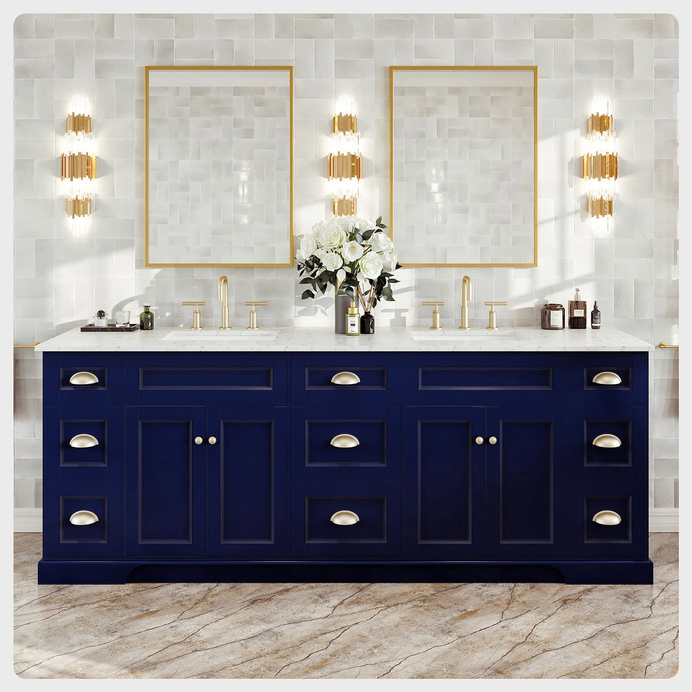 Epic 84"W x 22"D Blue Double Sink Bathroom Vanity with White Carrara Quartz Countertop and Undermount Porcelain Sinks