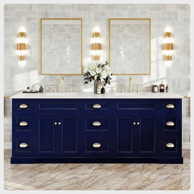 Epic 84"W x 22"D Blue Double Sink Bathroom Vanity with White Carrara Quartz Countertop and Undermount Porcelain Sinks