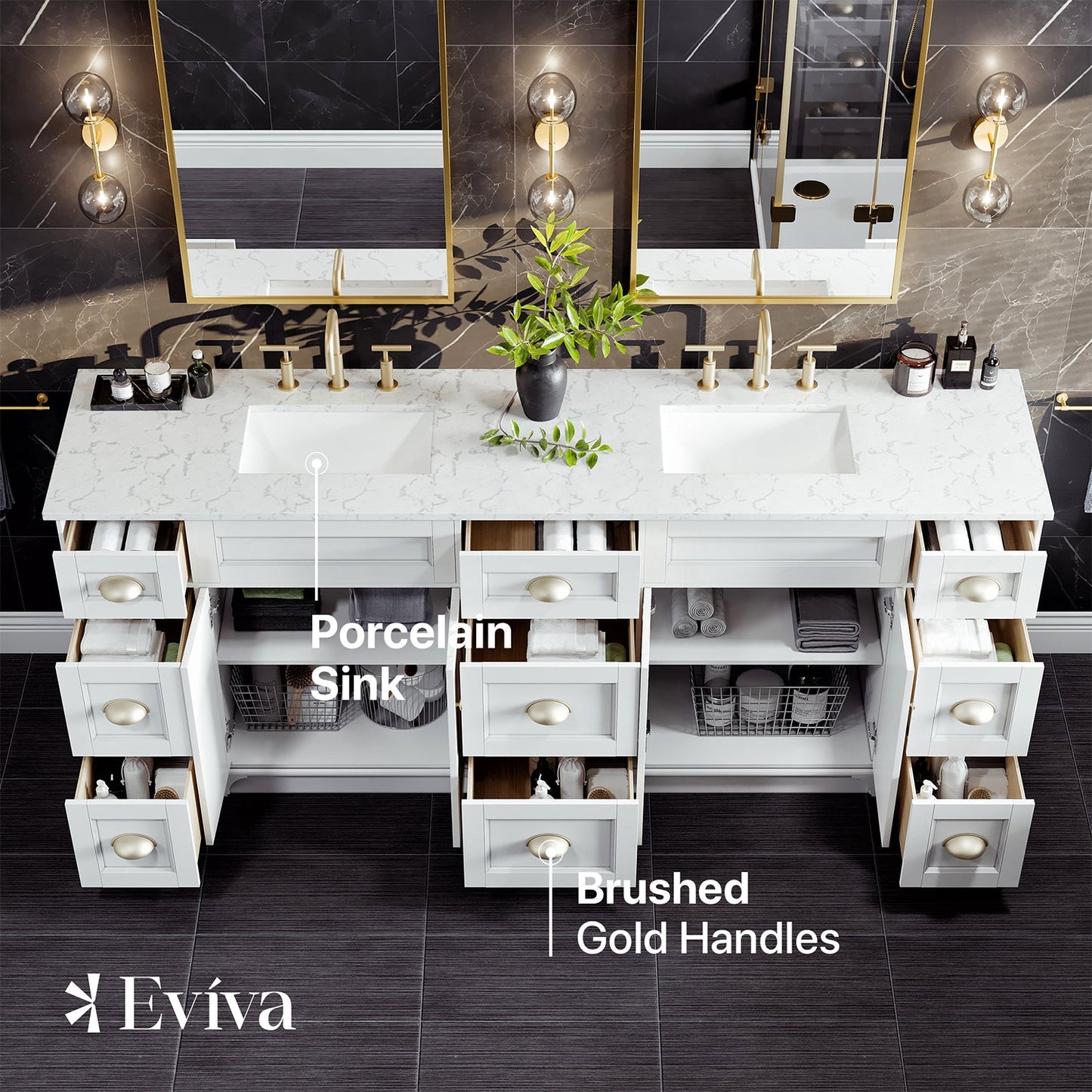 EVIVA Epic 84 Inch Transitional White Vanity w/ Brushed Nickel Hardware