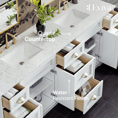 Epic 84"W x 22"D White Double Sink Bathroom Vanity with White Carrara Quartz Countertop and Undermount Porcelain Sinks