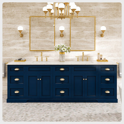 Epic 96"W x 22"D Blue Double Sink Bathroom Vanity with White Carrara Quartz Countertop and Undermount Porcelain Sinks