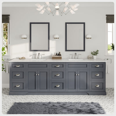 Epic 96"W x 22"D Charcoal Gray Double Sink Bathroom Vanity with White Carrara Quartz Countertop and Undermount Porcelain Sinks