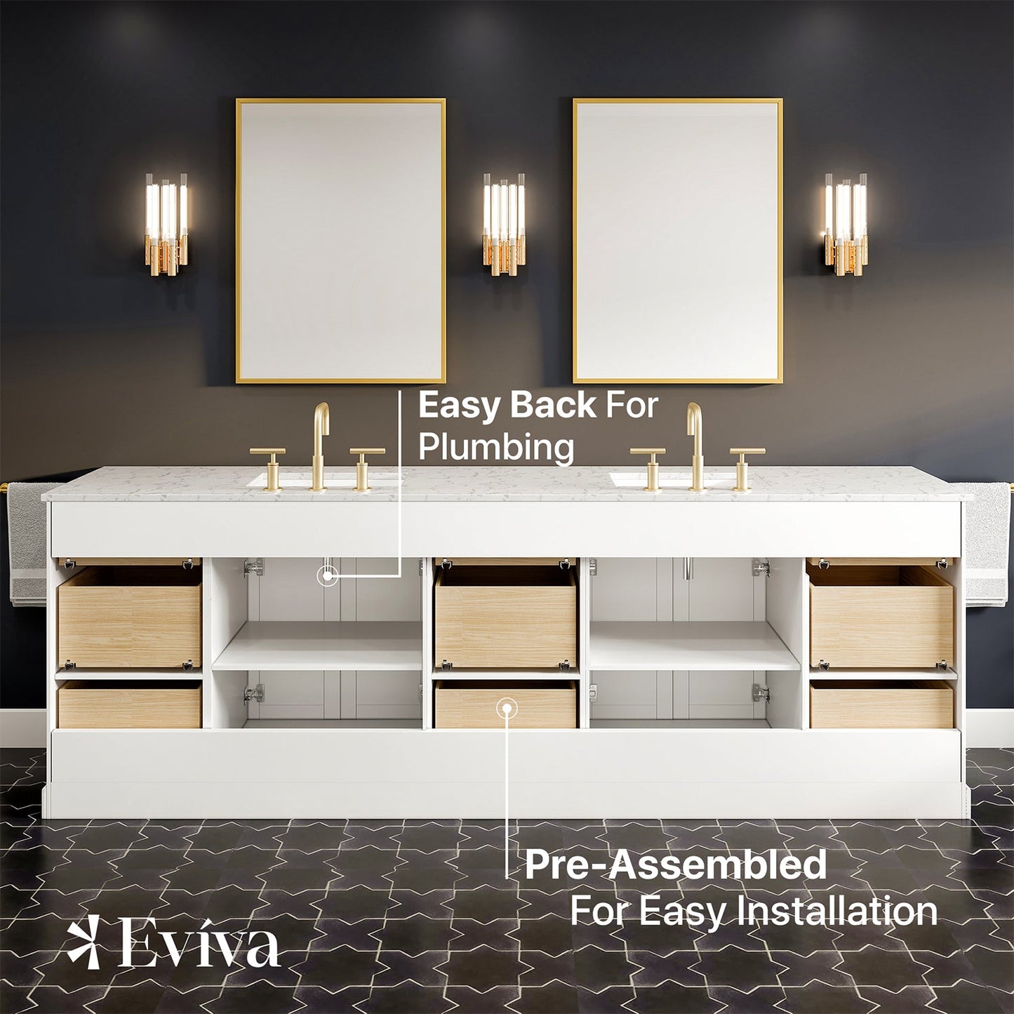EVIVA Epic 96 Inch Transitional White Vanity w/ Brushed Nickel Hardware