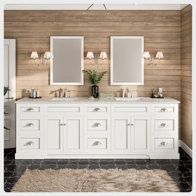 Epic 96"W x 22"D White Double Sink Bathroom Vanity with White Carrara Quartz Countertop and Undermount Porcelain Sinks