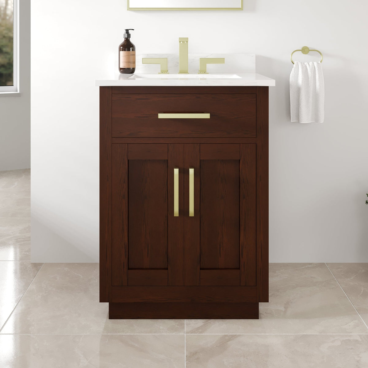 Ridgefield 24 in. Dark Oak Single Sink Bath Vanity with Arabescato Engineered Stone Top and Undermount Porcelain Sink - Bathroom Vanity by Eviva
