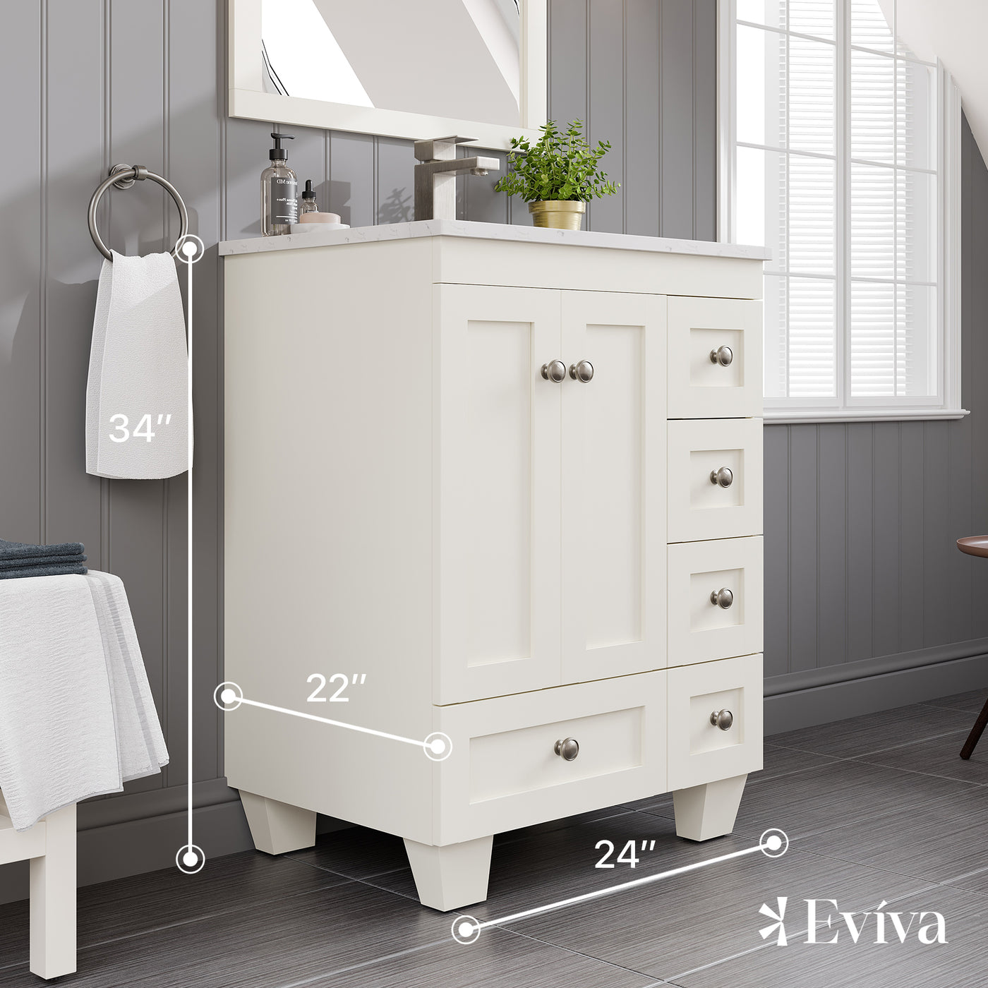 Acclaim 24"W x 22"D White Bathroom Vanity with White Carrara Quartz Countertop and Undermount Porcelain Sink